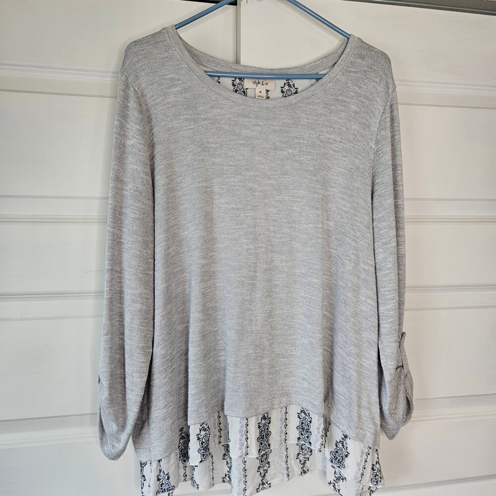Style & Co. Grey Split Back Lace Hem Sweater XL Mixed Media